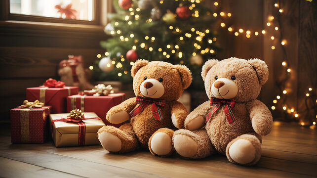 Two teddy bears sitting near presents and a christmas tree with lights in a cozy setting on transparent background