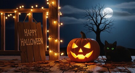 Nighttime Glow with Fairy Lights and Autumn Leaves on Wooden Porch Featuring Carved Halloween Pumpkin