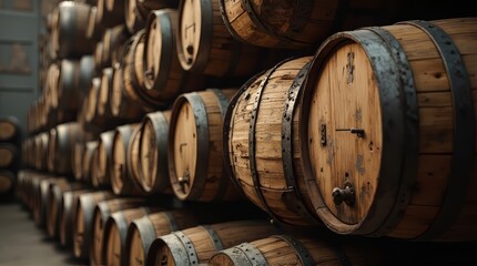 Wooden Barrels Stacked in Warehouse