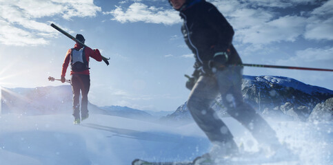 Skifahrer in den Bergen auf der Piste