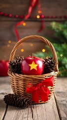 Red apple with star in wicker basket, Christmas decor
