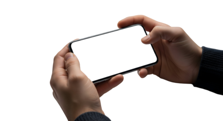 Close-up shot of hands holding a smartphone with blank screen, isolated on transparent background