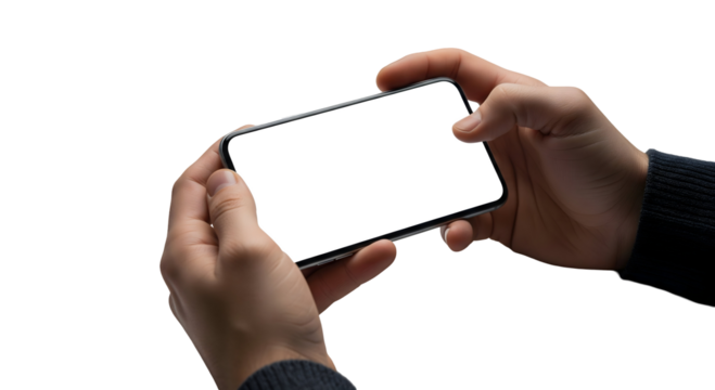 Close-up shot of hands holding a smartphone with blank screen, isolated on transparent background