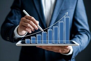 Business man analyzing digital financial charts and growth trends on a tablet, highlighting the role of technology and data analysis in modern market research and business planning strategies.