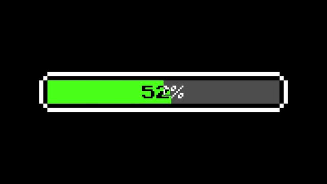 Retro pixel loading bar animation with solid bright green fill on black background and white border style