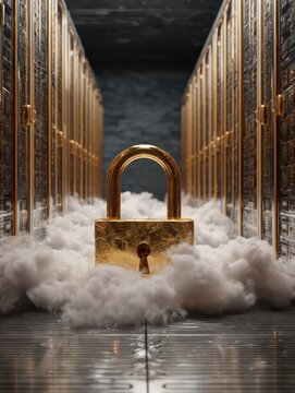 cloud security golden padlock on cloud representing secure data storage and protection in a data center illustrates cybersecurity and data safety