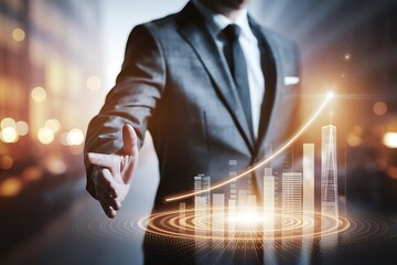 Business hand showing futuristic skyline with finance graph, smart city concept, economic growth, investment planning, real estate tech, digital economy, data trend.