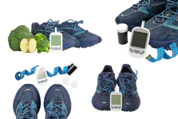 Sneakers, veggies, and a glucose meter on white, isolated, PNG
