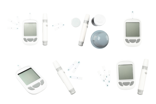 Glucose meters and syringes on a white backdrop, isolated, PNG