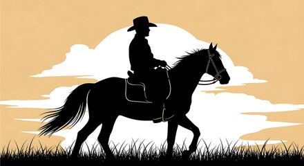 Silhouette of a rodeo cowboy riding horse at sunset. Western cowboy action and rodeo sport concept.