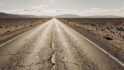 Naklejka premium A cracked desert road stretches to distant mountains under a cloudy sky, a path through desolation