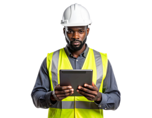Male Construction Worker in Yellow Safety Vest Holding Tablet, Front View, Isolated on Transparent Background