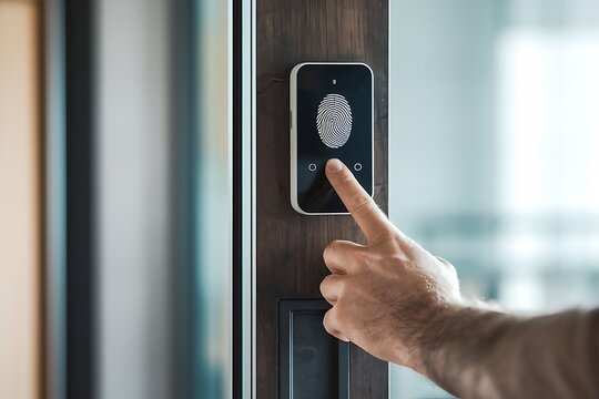 Close-up of a persons hand unlocking a smart door with a biometric fingerprint scanner integrated seamlessly into a minimalist door handle, bathed in soft ambient light.