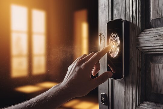 Close-up of a persons hand unlocking a smart door with a biometric fingerprint scanner integrated seamlessly into a minimalist door handle, bathed in soft ambient light. - Powered by Adobe