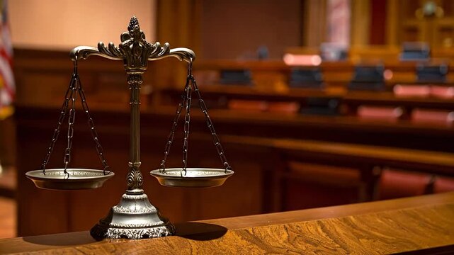 Classic scales of justice on a polished wooden surface, against a blurred courtroom backdrop, embodying principles of law, legal equity, and impartial judicial judgment