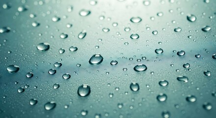 Macro Close-up of Clear Water Droplets on a Textured Hydrophobic Surface with Blue and Cyan Tones