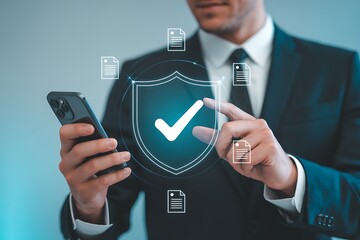 Businessman checking steps through document with a list of checkboxes ,regulation ,practices and policies ,Terms and conditions ,Examination of ethical rules ,Evaluate quality and efficiency