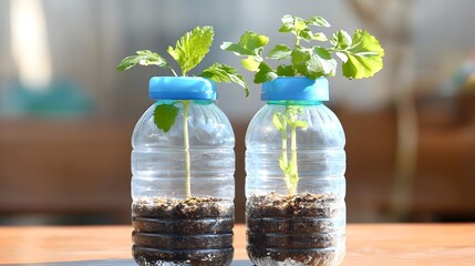 Recycled plastic bottles are repurposed as planters for small seedlings to encourage sustainability indoors.