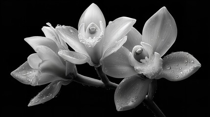 Monochrome Symphony: Three Dew-Kissed Orchids Blossoming Against the Darkest of Black Backdrops