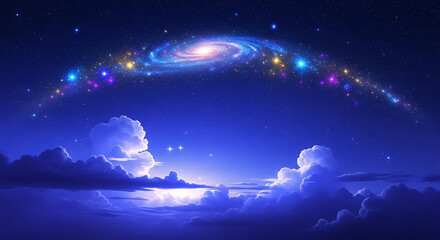 A breathtaking cosmic arch of galaxies and stars illuminating a serene night sky above ethereal clouds and a distant horizon.