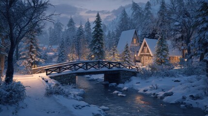 Fototapeta premium winter village scene with snow covered bridge at dusk