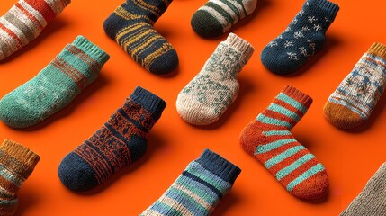 Cozy Knitted Socks Arranged Artistically on a Vibrant Orange Background