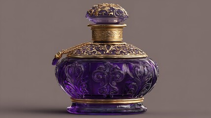 Opulent purple glass bottle with ornate golden details and elegant design