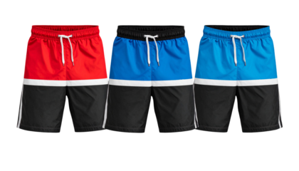 Row of three color-blocked shorts