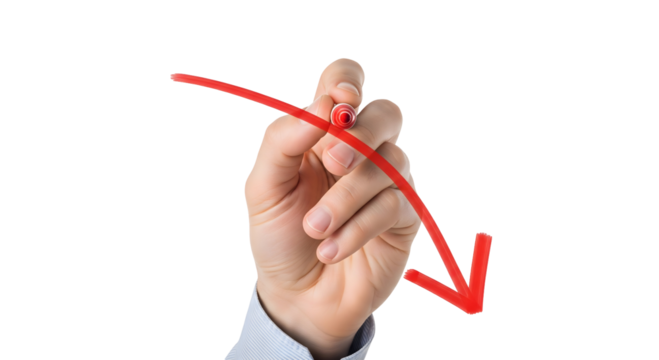 A hand drawing a downward red arrow, symbolizing a decrease or decline, isolated on transparent background