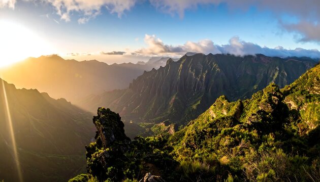 Panoramic sunset view of rugged volcanic peaks