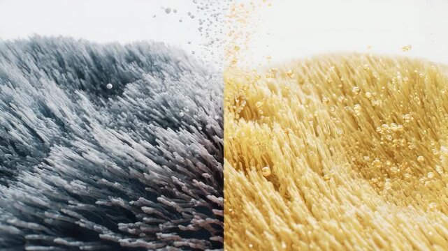3D slow motion animation comparing damaged, flat intestinal villi (celiac, IBS) to healthy villi absorbing nutrients. Medical and health concept.