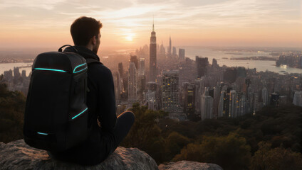 Fototapeta premium A person with a backpack looks out over a sprawling cityscape at sunset