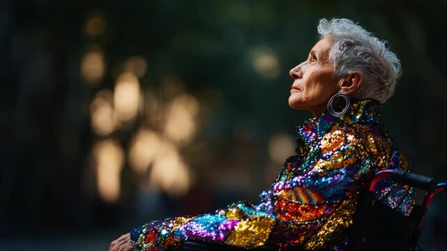 A Reflective Moment: An Elegant Elderly Woman in a Colorful Shimmering Outfit, Gazing Thoughtfully into the Distance, Embracing Life and Beauty in Her Golden Years