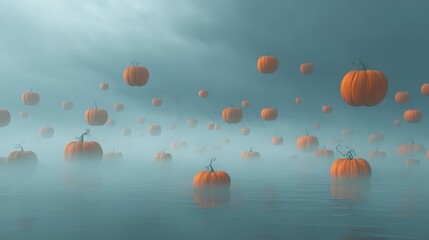 Pumpkins floating on water in a foggy landscape for halloween season