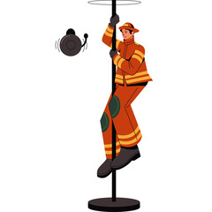 Firefighter In Orange Uniform Sliding Down Fire Pole With Helmet On Hook In A Studio Setting Isolated On White Background