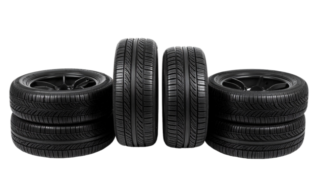 Stacked tires with black rims - Powered by Adobe