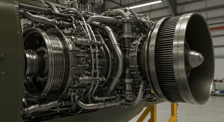 Close-up of a complex aircraft engine