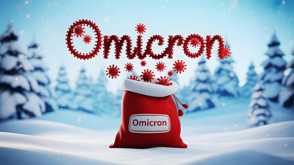 Omicron themed christmas scene with santa bag and virus particles in a snowy winter landscape on transparent background