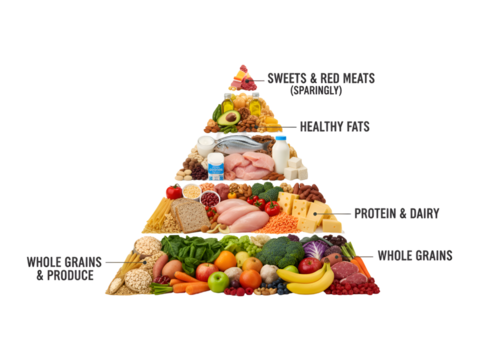 Nutritional Food Pyramid Chart: Balanced Eating for Wellness on white background