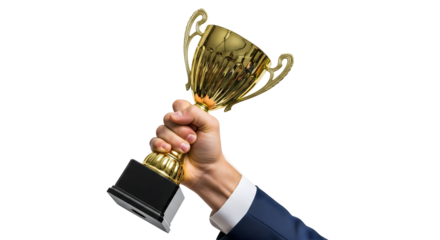 A hand proudly holding a golden trophy symbolizing achievement and success. The close-up shot highlights the trophy and the hand in a formal suit, isolated on transparent background