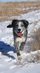 Happy Dog Running in Winter Snow