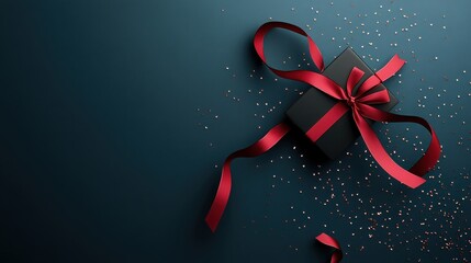 Elegant black gift box with red ribbon on dark teal background with confetti