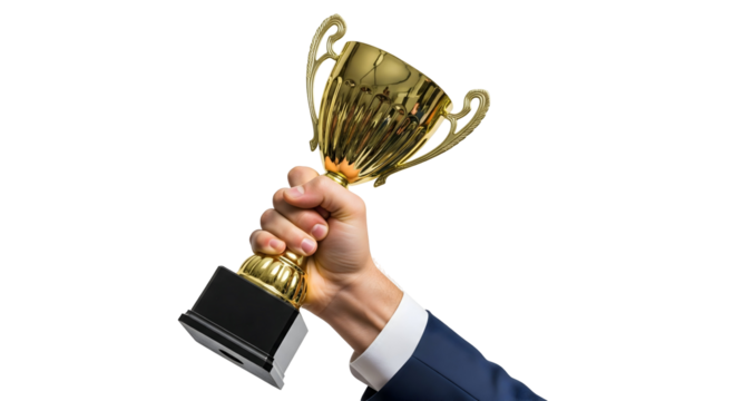A hand proudly holding a golden trophy symbolizing achievement and success. The close-up shot highlights the trophy and the hand in a formal suit, isolated on transparent background