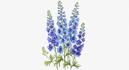 Fototapeta premium Fine Art Composition Featuring Blue Delphinium and Larkspur Flowers in Watercolor on White Background