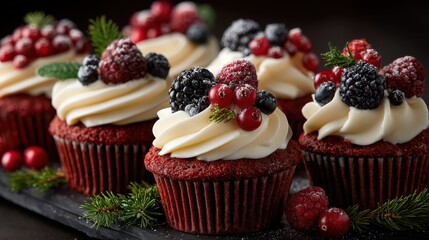 red velvet cupcakes topped with cream and berries in a festive display for holiday celebrations