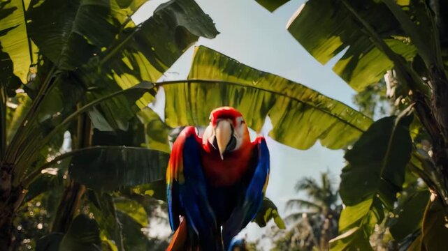 A majestic Scarlet Macaw parrot with vibrant red and blue feathers gazes down from a perch in a lush tropical rainforest