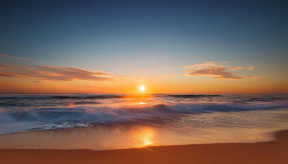 Obraz premium Golden sunset over a tranquil beach with colorful sky reflections on gentle waves. Serene, vibrant, and perfect for nature and travel themes.