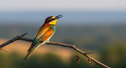 Fototapeta premium European Bee-eater Perched on Branch in Natural Habitat.