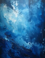 Abstract painting of dynamic blue and white brushstrokes
