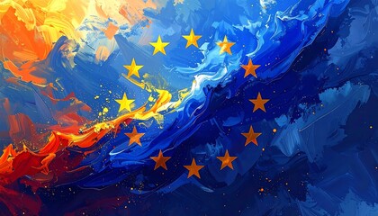 Abstract painting of a flag with golden stars on a vibrant colorful background